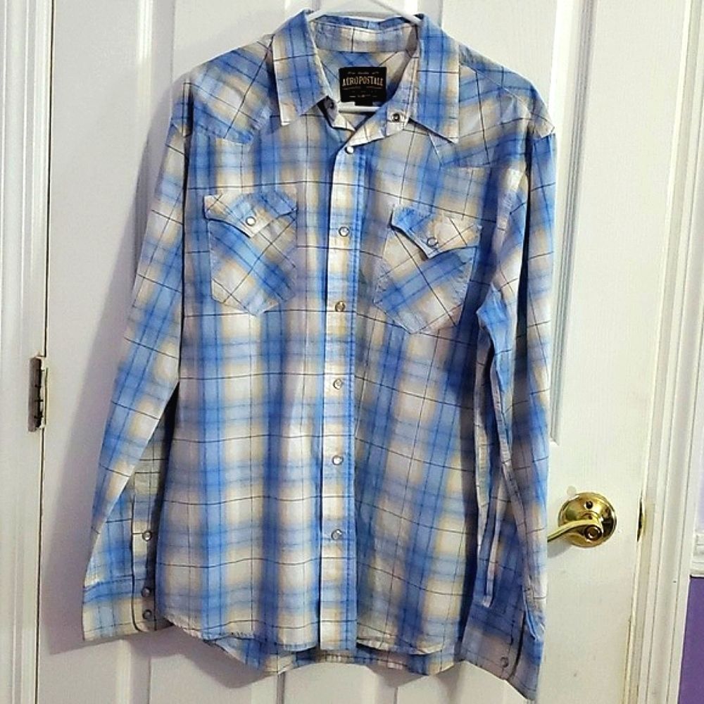 Aeropostale Plaid Long Sleeve Slim Fit Pearl Snap Button Down Shirt Western L
